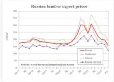 Russian lumber export prices have fallen substantially in the past year